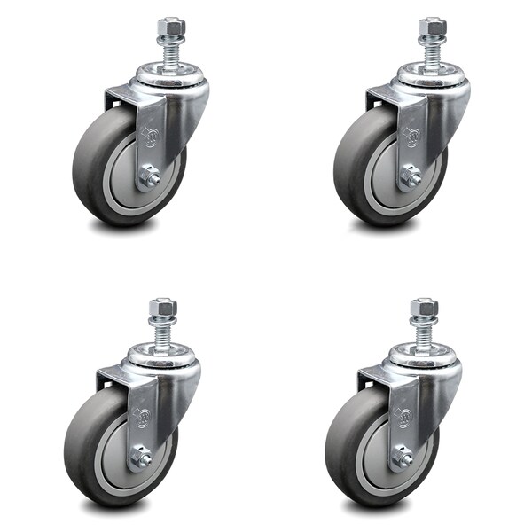 4 Inch Thermoplastic Rubber Wheel Swivel 3/8 Inch Threaded Stem Caster Set SCC